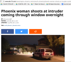 ABC article titled "Phoenix woman shoots at intruder coming through window overnight" a police van in a residential road is pictured 